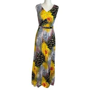 Henry Lee Vintage 70’s Floral Sleeveless Maxi Dress Yellow Blue Belt RARE Small
